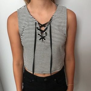 Forever 21 Striped Crop Top with Lace In Front
